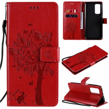 Xiaomi Mi 10T/10T Pro Embossed Tree Cat Butterfly Wallet Stand Case Red