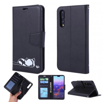Huawei P20 Pro Cat Pattern Wallet Magnetic Stand Case Black