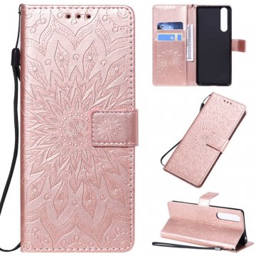 Sony Xperia 1 II Embossed Sunflower Wallet Stand Case Rose Gold