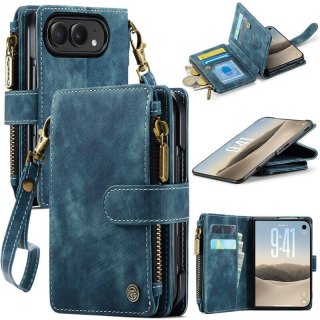 CaseMe iPhone Duo Wallet Case with 6 Card Slots, Zipper Pocket, Wireless Charging & Wrist Strap Blue