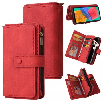 Samsung Galaxy M33 Wallet 15 Card Slots Case with Wrist Strap Red