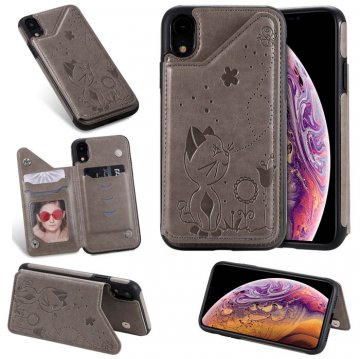 iPhone XR Bee and Cat Embossing Magnetic Card Slots Stand Cover Gray