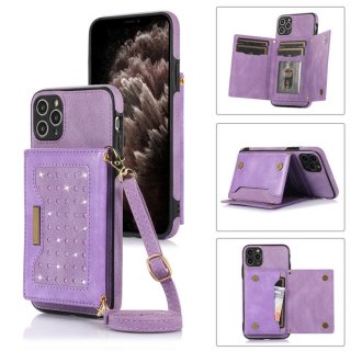 Bling Crossbody Bag Wallet iPhone 11 Pro Case with Lanyard Strap Purple