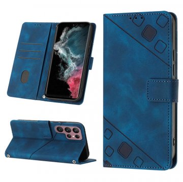 Skin-friendly Samsung Galaxy S22 Ultra Wallet Stand Case with Wrist Strap Blue