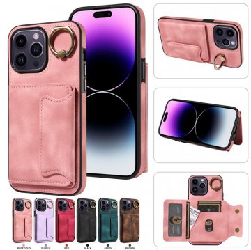 For iPhone 14 Pro Card Holder Ring Kickstand PU Leather Case Pink