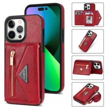 Crossbody Zipper Wallet iPhone 14 Pro Max Case With Strap Red