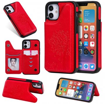 iPhone 12 Mini Luxury Tree and Cat Magnetic Card Slots Stand Cover Red