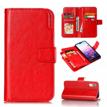 Huawei P20 Wallet Stand Leather Case with 9 Card Slots Red
