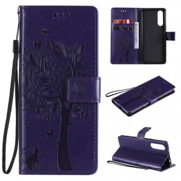 Sony Xperia 5 II Embossed Tree Cat Butterfly Wallet Stand Case Purple