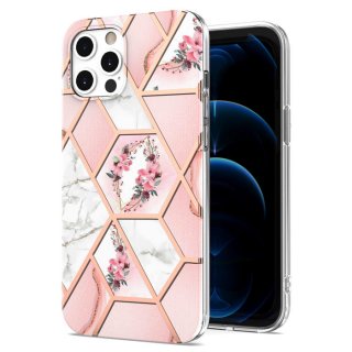 iPhone 12 Pro Flower Pattern Marble Electroplating TPU Case Pink