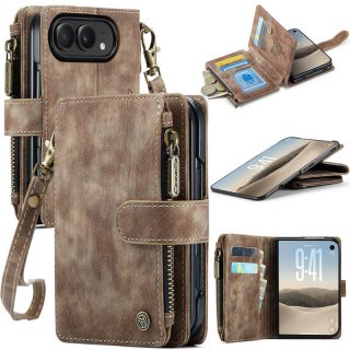 CaseMe iPhone Duo Wallet Case with 6 Card Slots, Zipper Pocket, Wireless Charging & Wrist Strap Coffee