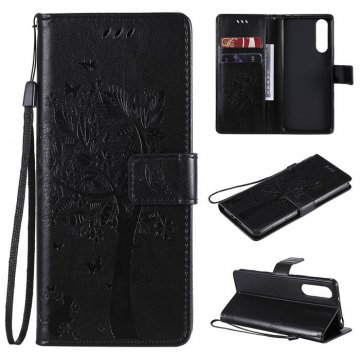 Sony Xperia 5 II Embossed Tree Cat Butterfly Wallet Stand Case Black