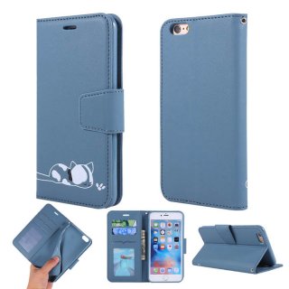 iPhone 6 Plus/6s Plus Cat Pattern Wallet Magnetic Stand Case Blue