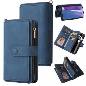 For Samsung Galaxy Note 20 Wallet 15 Card Slots Case with Wrist Strap Blue