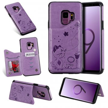 Samsung Galaxy S9 Bee and Cat Magnetic Card Slots Stand Cover Purple