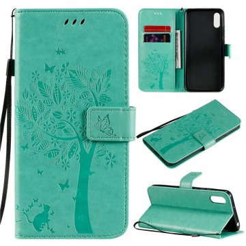Xiaomi Redmi 9A Embossed Tree Cat Butterfly Wallet Stand Case Green