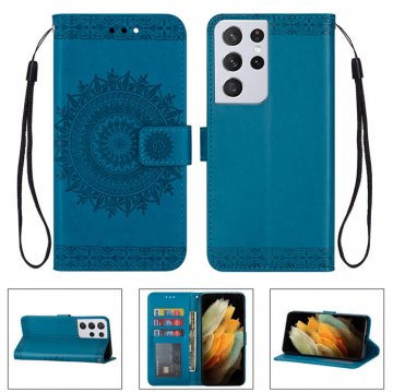 Samsung Galaxy S21/S21 Plus/S21 Ultra Wallet Embossed Totem Pattern Stand Case Blue