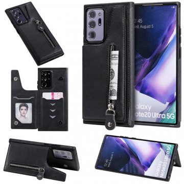 Samsung Galaxy Note 20 Zipper Pocket Card Slots Magnetic Clasp Stand Case Black