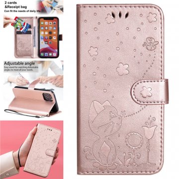 iPhone 11 Pro Embossed Cat Bee Wallet Magnetic Stand Case Rose Gold