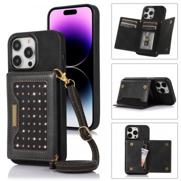 Bling Crossbody Bag Wallet iPhone 14 Pro Case with Lanyard Strap Black
