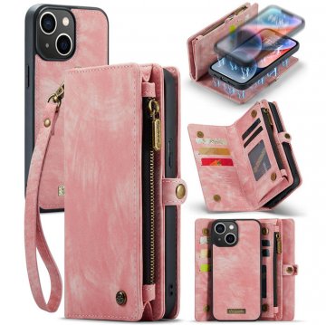 CaseMe iPhone 14 Zipper Wallet Case with Wrist Strap Pink