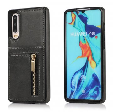 Huawei P30 Zipper Wallet PU Leather Case Cover Black