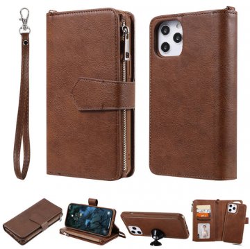 iPhone 12 Pro Max Zipper Wallet Magnetic Detachable 2 in 1 Case Brown