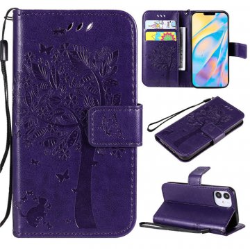iPhone 12 Mini Embossed Tree Cat Butterfly Wallet Stand Case Purple