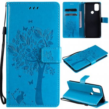 OnePlus Nord N10 5G Embossed Tree Cat Butterfly Wallet Stand Case Blue