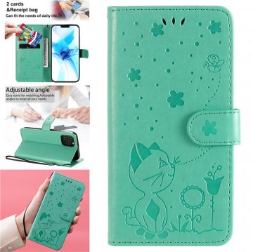 iPhone 12 Pro Embossed Cat Bee Wallet Magnetic Stand Case Green
