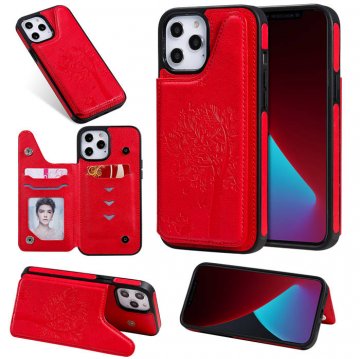 iPhone 12 Pro Max Luxury Tree and Cat Magnetic Card Slots Stand Cover Red