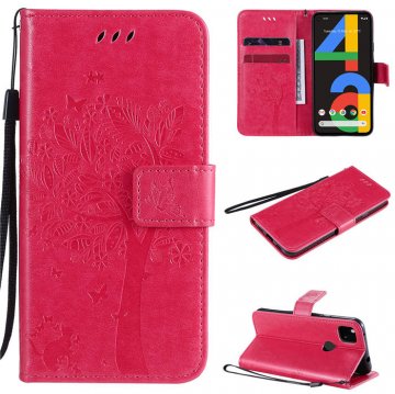 Google Pixel 4A 4G Embossed Tree Cat Butterfly Wallet Stand Case Rose