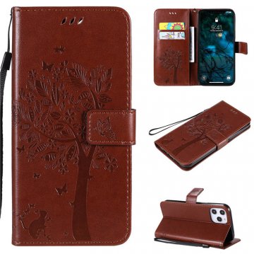 iPhone 12 Pro Max Embossed Tree Cat Butterfly Wallet Stand Case Brown