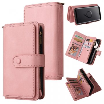 For Samsung Galaxy S9 Wallet 15 Card Slots Case with Wrist Strap Pink