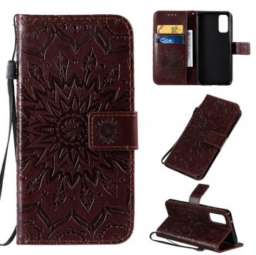 Samsung Galaxy S20 Embossed Sunflower Wallet Stand Case Brown