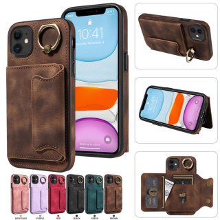 For iPhone 11 Card Holder Ring Kickstand PU Leather Case Coffee