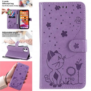 iPhone 11 Embossed Cat Bee Wallet Magnetic Stand Case Purple