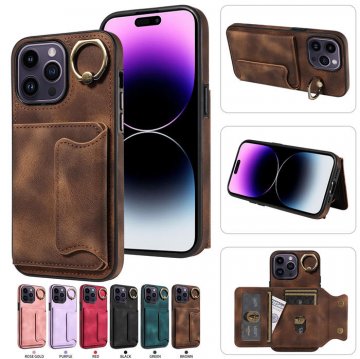 For iPhone 14 Pro Card Holder Ring Kickstand PU Leather Case Coffee