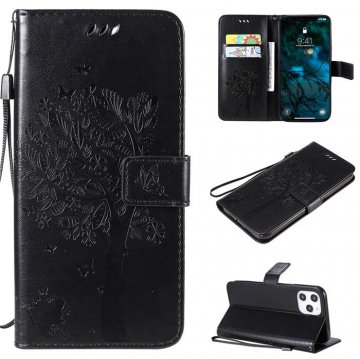 iPhone 12 Pro Max Embossed Tree Cat Butterfly Wallet Stand Case Black