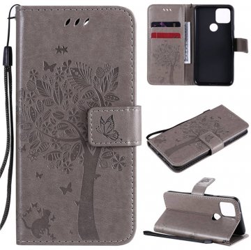 Google Pixel 5 Embossed Tree Cat Butterfly Wallet Stand Case Gray