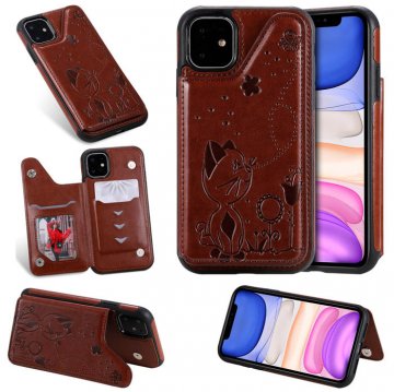 iPhone 11 Bee and Cat Embossing Magnetic Card Slots Cover Brown