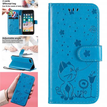iPhone 7/8/SE 2020 Embossed Cat Bee Wallet Stand Case Blue