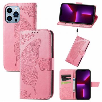 Butterfly Embossed Leather Wallet Kickstand Case Pink For iPhone