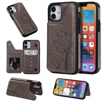 iPhone 12 Mini Embossed Tree Cat Magnetic Clasp Wallet Stand Case Gray