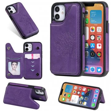 iPhone 12 Mini Luxury Tree and Cat Magnetic Card Slots Stand Cover Purple