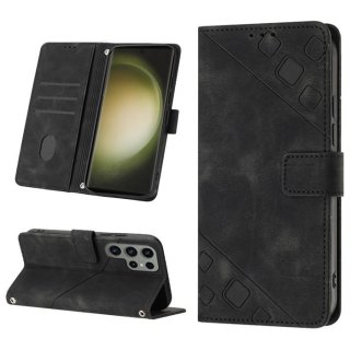 Skin-friendly Samsung Galaxy S23 Ultra Wallet Stand Case with Wrist Strap Black