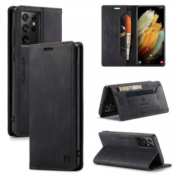 Autspace Samsung Galaxy S21 Ultra Wallet Kickstand Magnetic Shockproof Case Black
