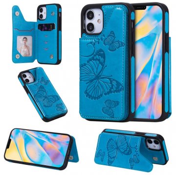 iPhone 12 Luxury Butterfly Magnetic Card Slots Stand Case Blue