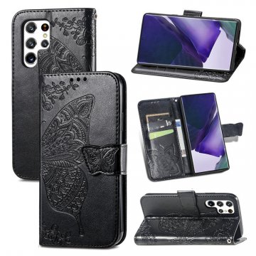 Butterfly Embossed Leather Wallet Kickstand Case Black For Samsung