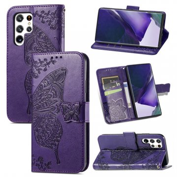 Butterfly Embossed Leather Wallet Kickstand Case Purple For Samsung